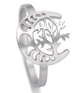 Ring - Tree of Life Moon (Silver) (Stainless Steel) (Adjustable) - Wolf Moon