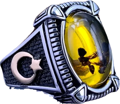 Ring - Amber Insect Ring (Stainless Steel) - Wolf Moon