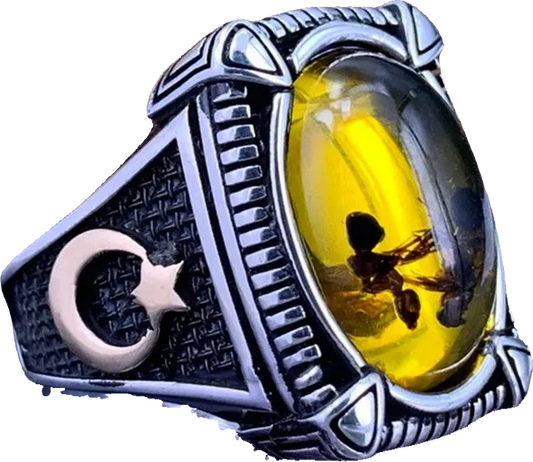Ring - Amber Insect Ring (Stainless Steel) - Wolf Moon