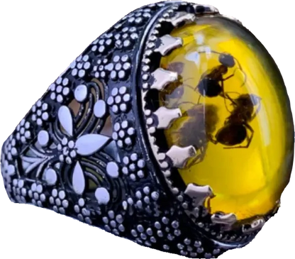 Ring - Amber Insect Ring (Stainless Steel) - Wolf Moon